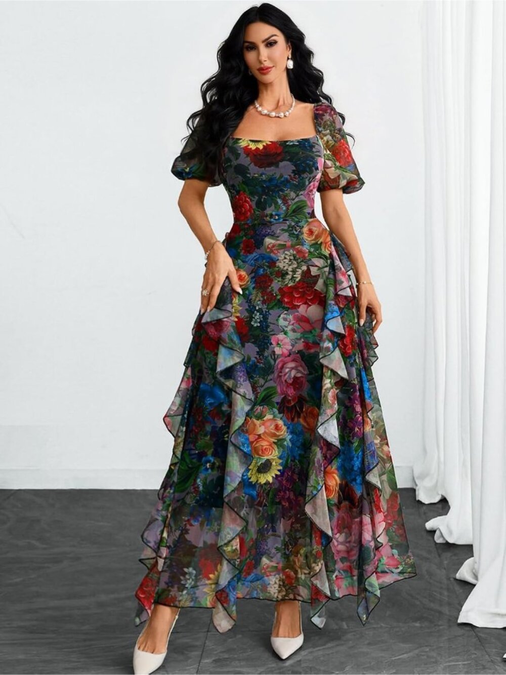 Women's Multicolor Square Neck Puff Sleeve Ruffle Stretch Mesh Fabric Dresses - Picture 3 of 7
